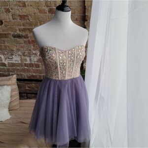 Night by Teeze Me Purple Tulle and Cream Sequin Formal Dress